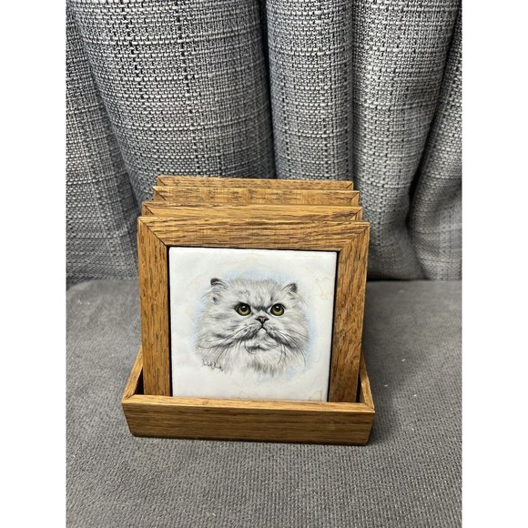 Cat Ceramic Wood Framed Tile Derick Bown Artist Signed Coasters Lot Of 4 - Picture 7 of 9
